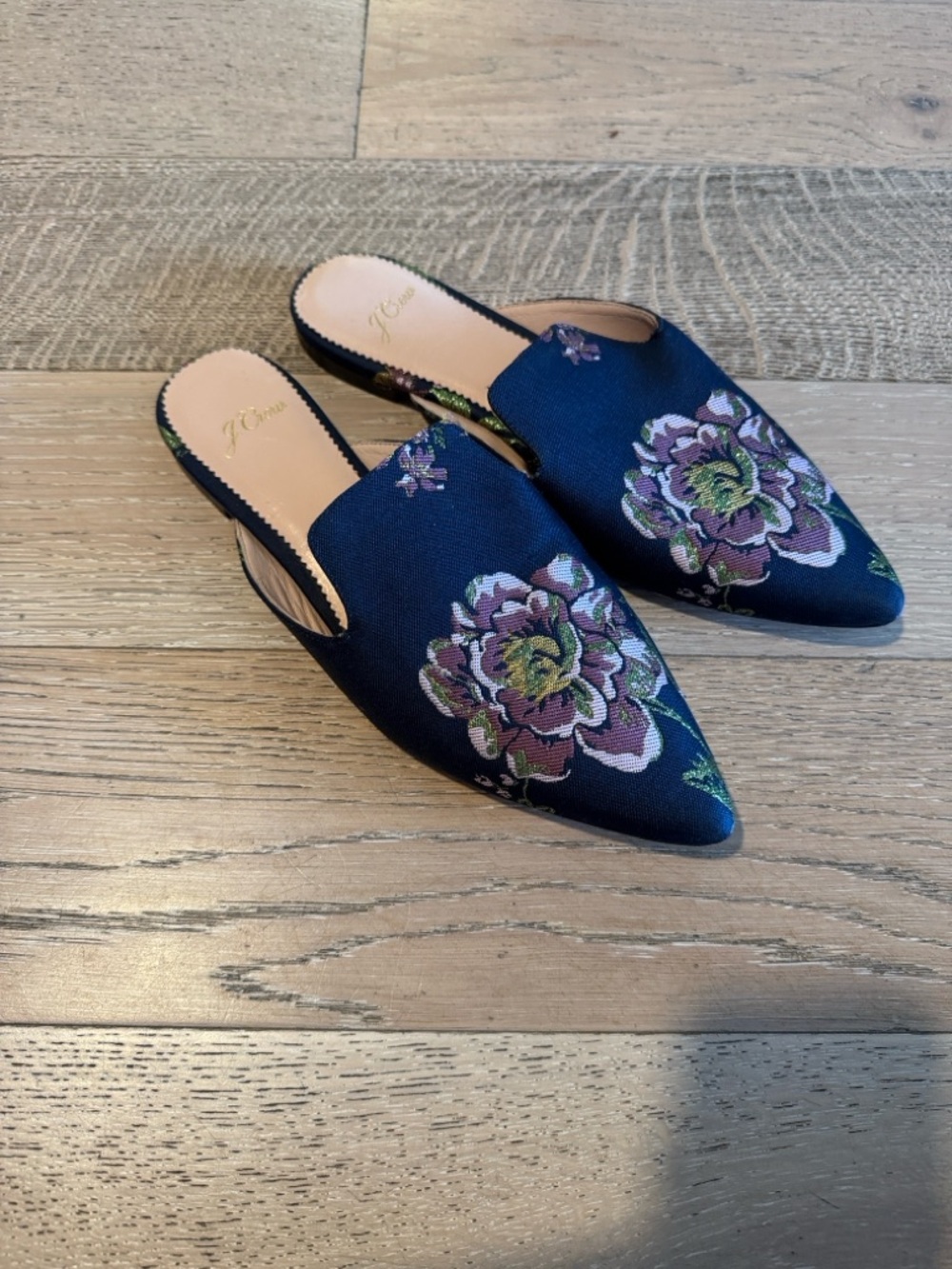 J. Crew Navy Pointed-Toe Floral Embroidered Mules